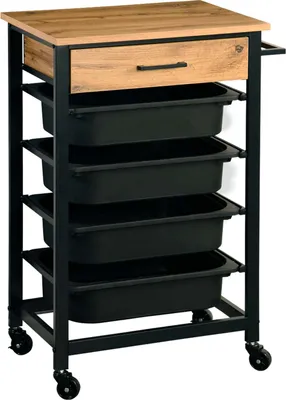 Productafbeelding van KESPER Keukenwagen – Metalen frame, zwart, 4 kunststof bakken, 1 lade – Serveerwagen met eikenhoutdecor – 47 x 37 x 85 cm – mobiel – 2553213