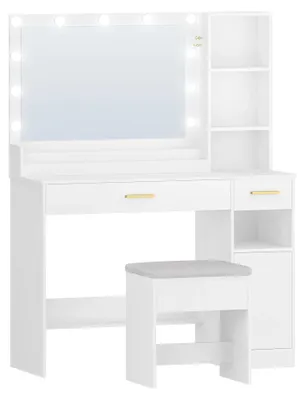 Imagen del producto de Tocador con taburete - Mesa de maquillaje - Gran espejo, 2 cajones, 4 compartimentos abiertos y un armario - Blanco