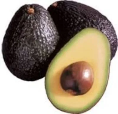 Three avocados are shown, with one cut in half to reveal the pit and flesh.