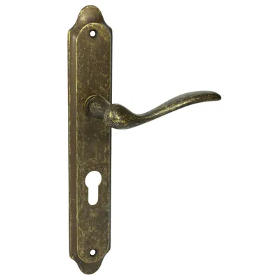A close-up studio shot of an antique gold door handle with a keyhole on a white background.