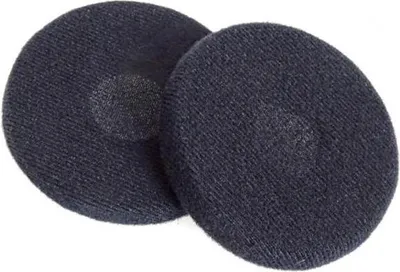Two dark-colored circular earpads are shown against a white background.