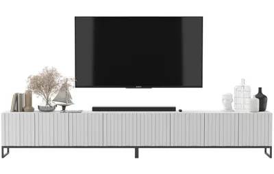 Zdjęcie produktu dla Szafka RTV Glamour Komoda RTV Biały MAT 300 cm Ryflowane fronty Czarne Ramy