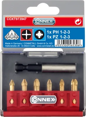 Produktbild von CONNEX Bit-Satz PH/PZ Diamantbestückt, mit Magnetbithalter, 7tlg., COXT973947