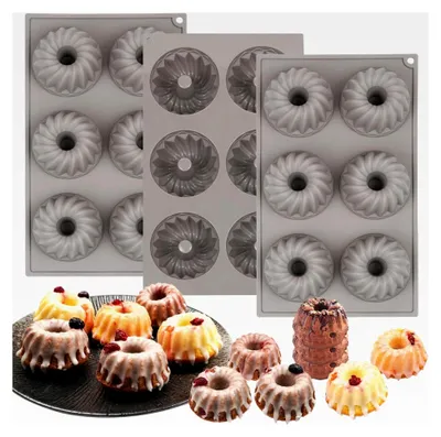 Produktbild von 3 Stück Mini Gugelhupfform Silikon, 6 Mulden kleine Gugelhupfform, wiederverwendbare Mini Backform für Kuchen, Dessert, Schokolade, Pudding, Gelee - Grau