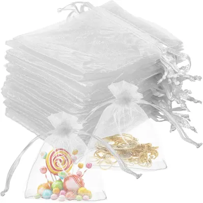 Produktbild von Organzabeutel - 100 Stück - 7 x 9 cm - Weiß - Organza-Geschenktüten mit Kordelzug - Schmuckbeutel für Hochzeiten, Süßigkeiten und kleine Geschenke