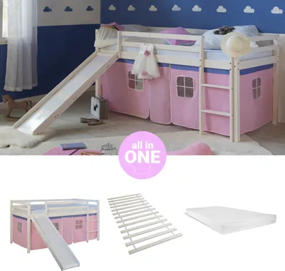 Produktbild von Homestyle4u Hochbett 90x200 mit Matratze Rutsche Vorhang Rosa Kinderbett Weiß Holz Kiefer Massiv Lattenrost