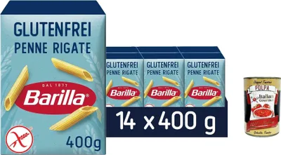 Produktbild von Barilla Pasta Nudeln Glutenfreie Penne Rigate aus köstlichem Mais und Reis – perfekt für Menschen mit Zöliakie oder Glutenunverträglichkeit, (14 x 400 g) + Italian Gourmet polpa 400g