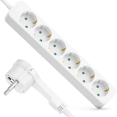 Produktbild von deleyCON 6-Fach Steckdosenleiste mit Flachstecker - 3,0m Kabel - Ideal hinter Möbel, Mehrfachsteckdose Stromkabel Verteiler Verlängerung Stromleiste 3680W 16A - Weiß