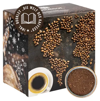 Produktbild von Corasol Premium Kaffee-Weltreise Adventskalender mit 24 Gourmet Röstkaffees aus 24 Ländern, inkl. Booklet, gemahlen für Filterkaffee (240 g)