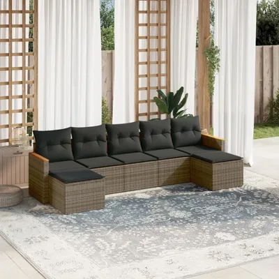 Produktbild von Design 7-tlg. Garten-Sofagarnitur mit Kissen Grau Poly Rattan, Gartenmöbel-Sets 2024 Neu