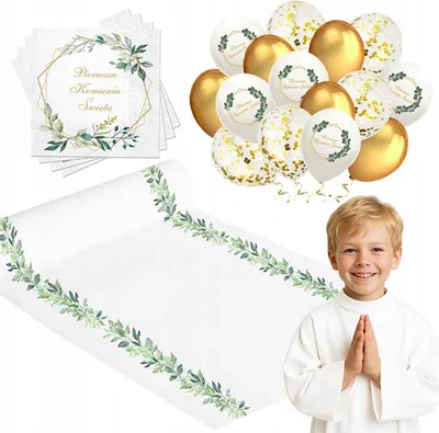 Produktbild von Kommunionset Heilige Kommunion Luftballons Tischläufer Eukalyptus Servietten Boho IHS