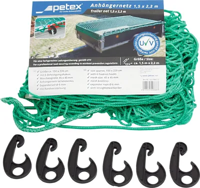 Produktbild von Anhängernetz/ Ladungsnetz 1,5 x 2,2 m, grün mit Befestigungshaken von PETEX