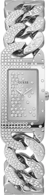 A close-up, studio shot of a women's watch with a silver-tone metal band and a rectangular face.
