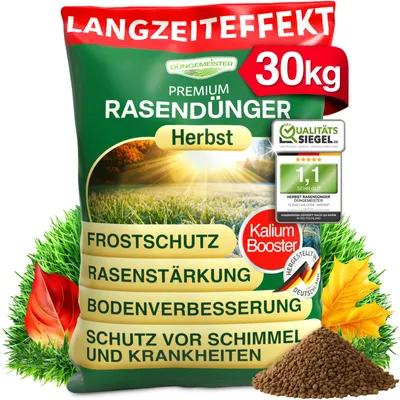 Produktbild von DÜNGEMEISTER Herbst Rasendünger – mit Langzeitwirkung und KaliumschutzPlus Formel für extrem winterfesten, sattgrünen Rasen! Perfekte Widerstandsfähigkeit gegen Frost & Krankheiten (30kg)
