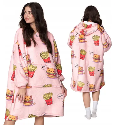 Productafbeelding van Oversized dekenjas XXL - Warme deken met mouwen - Fleece trui met katten- en burgerprint