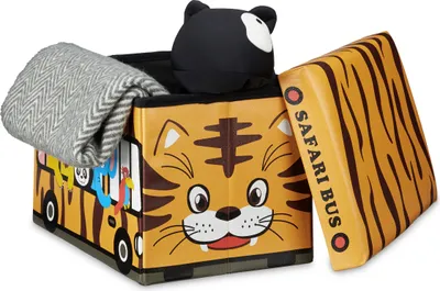 Produktbild von Relaxdays Spielzeugkiste Tiger, HxBxT:32x48x32cm, stabiler Sitzhocker, Kunstleder, 37l, abnehmbarer Deckel, Safari Bus
