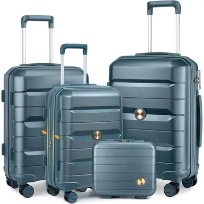 Image de Ensemble de valises rigides en 4 pièces (S/M/L/XL), valises à roulettes, cabine à main, 100% polypropylène, couleur bleue, serrure TSA, roulettes multidirectionnelles à 360°