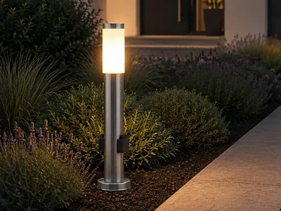 Produktbild von Pollerleuchte aus Edelstahl mit 2 Steckdosen, Höhe 60cm, Gartenleuchte mit Strom