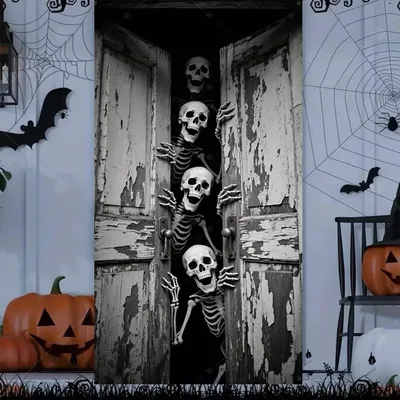 Produktbild von Halloween Türbanner Grusel Skelett Sensenmann Geist Horror Haustür Dekoration Wanddeko Hintergrund - Modell: Variante 12, Größe: 90 x 120 cm