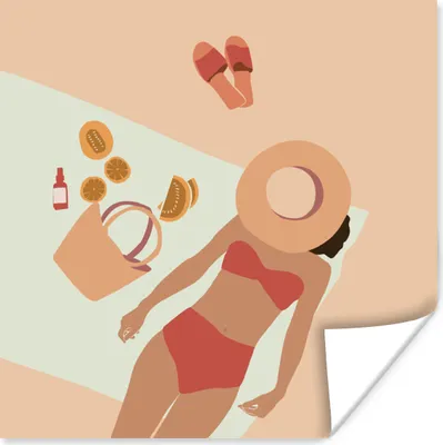 Produktbild von MuchoWow® Poster Frauen - Pantoffeln - Hut - Sommer 50x50 cm - Wohnzimmerdekoration