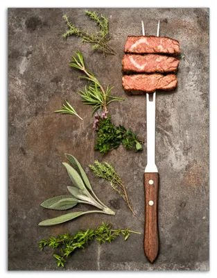 Produktbild von Wallario Herdabdeckplatte aus Glas, Größe 40 x 52 cm 1-teilig, Motiv Grillfleisch mit frischen Kräutern