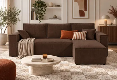 Productafbeelding van Sofello CORDA Moderne hoekbank, crème kleur, bekleed met cordura stof, met slaapfunctie, bedopslag, ottomaan links/rechts, 248 cm, bruin, AI-gegenereerde afbeelding