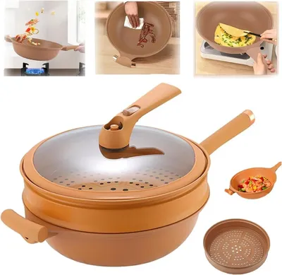 Obrázok produktu pre Wok panvica s pokrievkou a naparovacou vložkou, nepriľnavý wok na smaženie, dusenie a varenie v pare, univerzálna wok panvica pre všetky typy sporákov