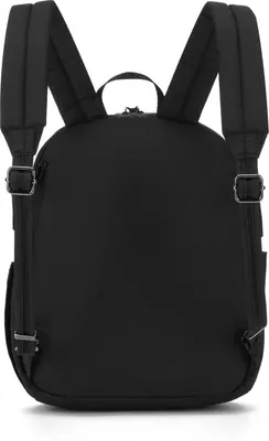 The back view of a black backpack.