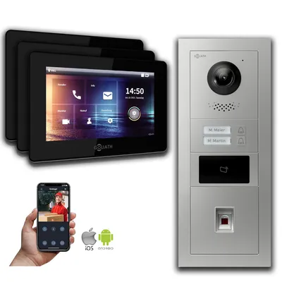 Produktbild von Goliath 2-Draht BUS Video Türklingel: 2 Fam. 3 Monitore, Fingerprint, RFID, Silber : Unterputzdose : 7 Zoll in Schwarz Monitor Auswahl: 7 Zoll in Schwarz Türklingel Montagedose: Unterputzdose