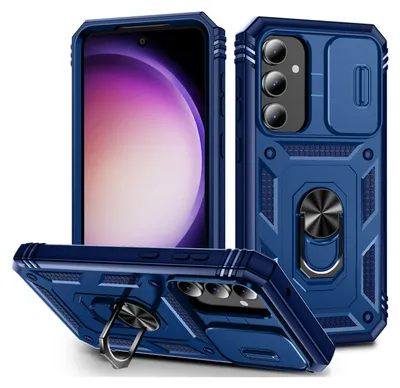 Three views of a blue phone case with a sliding camera cover and ring holder.