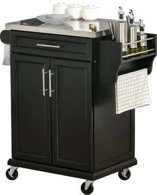 Image de HOMCOM Dessert cuisine desserte à roulettes îlot central cuisine avec plateau en acier inox, étagère réglable, tiroir, porte-épices, porte-couteaux et porte-serviettes, 83,5 x 45,7 x 90,5 cm, noir