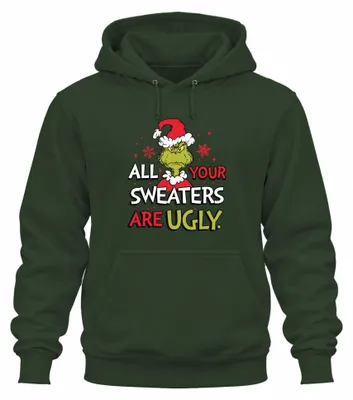 Productafbeelding van Alle je truien zijn lelijk, Grinch, grappige kersttrui, hoodie, smaragdgroen, maat S