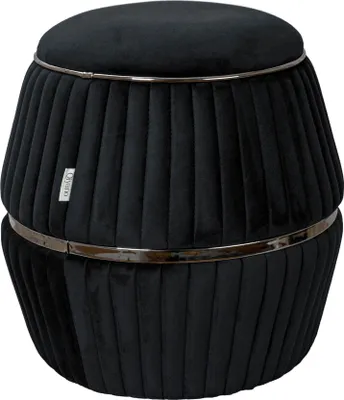 Produktbild von Qiyano Pouf Sitzhocker aus weichem Samtstoff in Zylinderform mit Ziernähten und Metalloptikringen in Schwarz Gold, Höhe ca. 52 cm