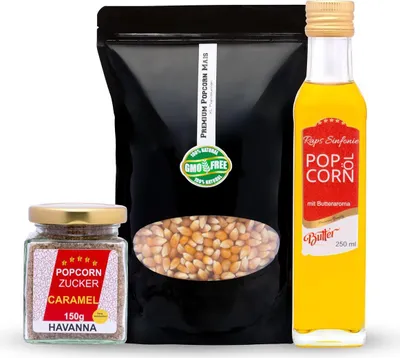 Produktbild von Hopser Funfood Popcorn Set  500g Premium Popcornmais, 250ml Butteraroma Öl & 150g Karamellzucker