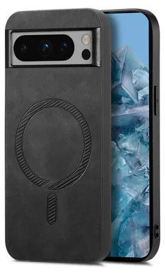 A black phone case with a magnetic ring design is shown next to a smartphone with an abstract blue and white wallpaper.