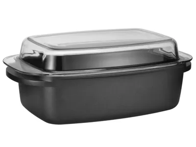 A dark gray roasting pan with a clear lid is shown against a white background.