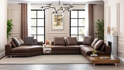 Image de Salon moderne Marron Canapé d'angle Stylé en L Similicuir Canapé d'angle