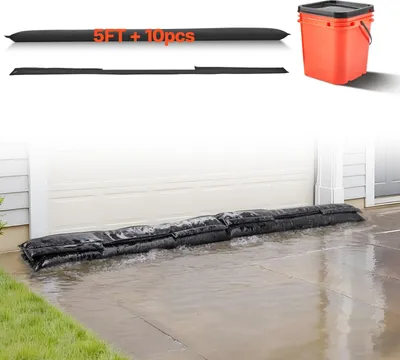 Zdjęcie produktu dla Worki bez piasku – zestaw 10 sztuk worków przeciwpowodziowych – 153 x 21 cm – wielokrotnego użytku – bariera przeciwpowodziowa – do drzwi, piwnicy, garażu – w zestawie wiadro