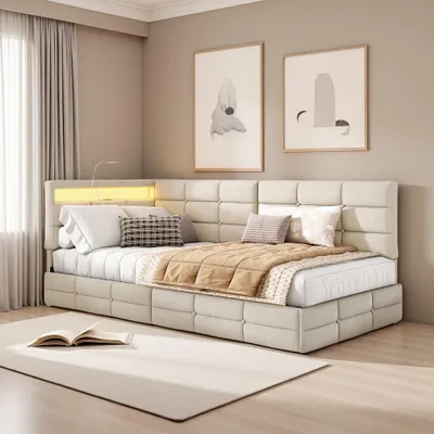 Immagine prodotto di Letto imbottito trasformabile in divano, dimensioni 90x200 cm, con illuminazione LED, porte USB di tipo C, due cassetti, rete a doghe e rivestito in lino color beige