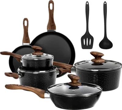 Produktbild von 12-teiliges DishDelight Induktion Topfset mit Granitbeschichtung und Glasdeckeln, Schwarz