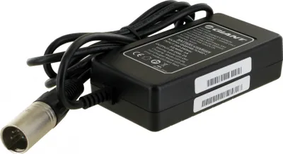 A black battery charger with a silver connector and a black cable, placed on a white background.