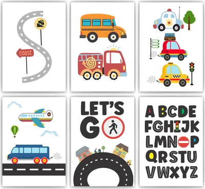 Produktbild von Kinderposter 6er Set ABC Auto Fahrzeuge Lernposter Alphabet | Kinderzimmer Wandbilder Einschulung Kindergarten Grundschule Lernhilfe für Kinder – DIN A4 (21x29.7cm)