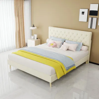 Imagen del producto de Cama tapizada de 160x200 cm con cabecero acolchado, revestimiento de terciopelo, somier de láminas de madera y espacio de almacenamiento debajo de la cama, color beige