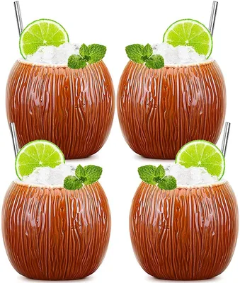 Image de Lot de 4 verres Tiki en forme de noix de coco, parfaits pour les cocktails tropicaux