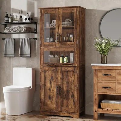 Image de Armoire haute avec portes en verre - Vitrine en bois marron avec tiroirs et étagères