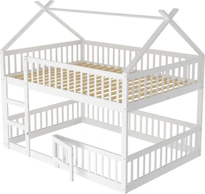 Produktbild von Etagenbett mit 2 Liegeflächen, Lattenrost und Trittleiter, 140x200 cm, Kinderbett mit Rausfallschutz, Kiefer