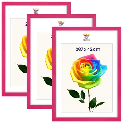 Produktbild von MG Design 3er Set Bilderrahmen Rosa A3 29,7x42 cm - Posterrahmen Echtholz mit Acrylglas, stabile Wandaufhängung, hoch/quer