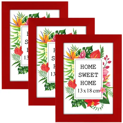 Produktbild von MG Design Set aus 3 Rot Bilderrahmen 13 x 18 cm - Aus echtem Holz mit Acrylglas, zum Aufhängen & Aufstellen, für Fotos, Poster & Puzzle