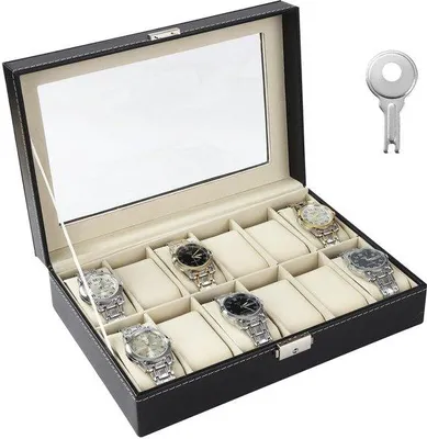 Produktbild von Uhrenbox mit 12 Fächern, Glasdeckel, Samt, Schmuckkästchen, Männergeschenk