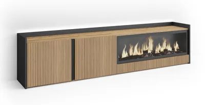 Produktbild von TV-Schrank, Lowboard, 212x35x50cm, Für TV-Geräte bis zu 80", Elektrokamin XXL, Led, Eiche Schwarz